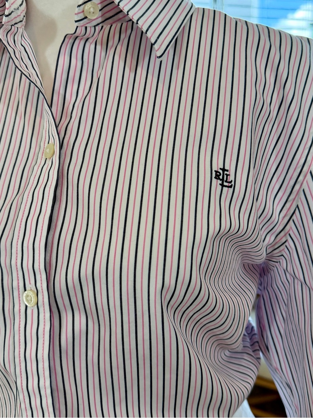 Lauren Ralph Lauren Shirt L Pink Black Pinstripe 100% Cotton Non Iron Preppy - Picture 4 of 10
